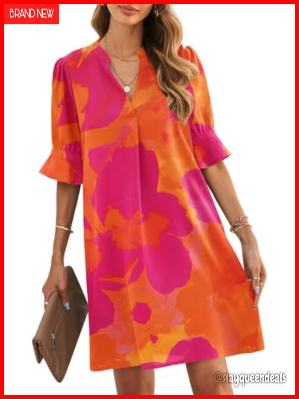 JOCAFIYE Women's Summer V-Neck Ruffle Sleeve Shift Dress Knee Length